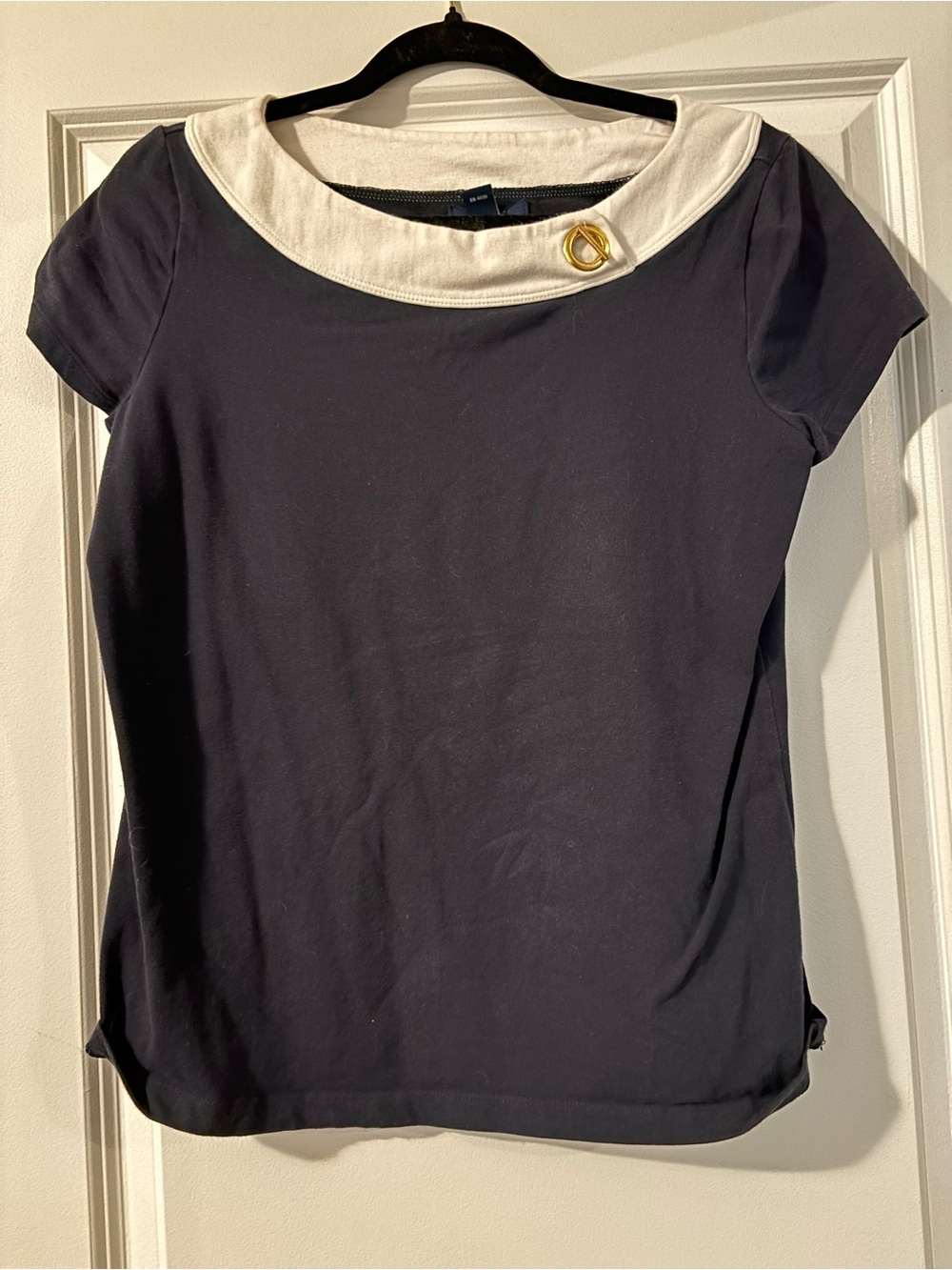Chaps Navy Short Sleeve Top with White Sailor Collar and Gold Accent